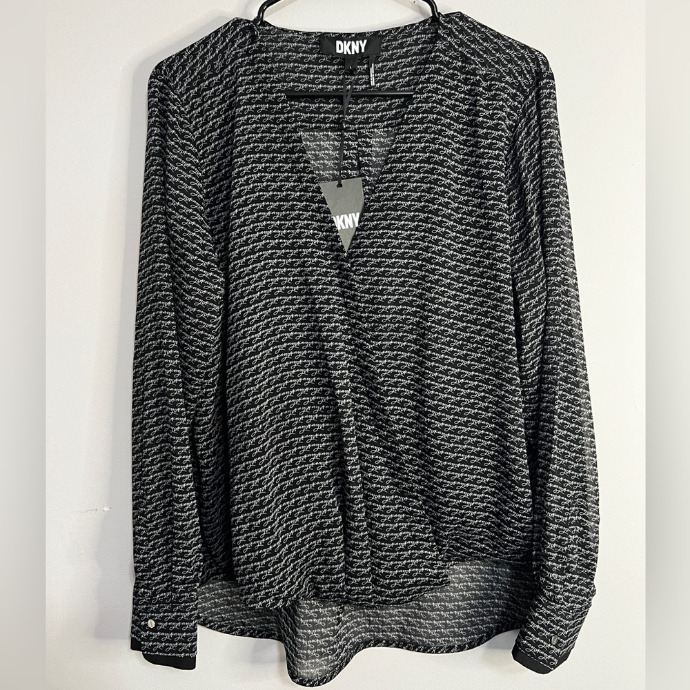 DKNY Plunge Neck Black Logo Sheer Long Sleeve Blouse Women's XL